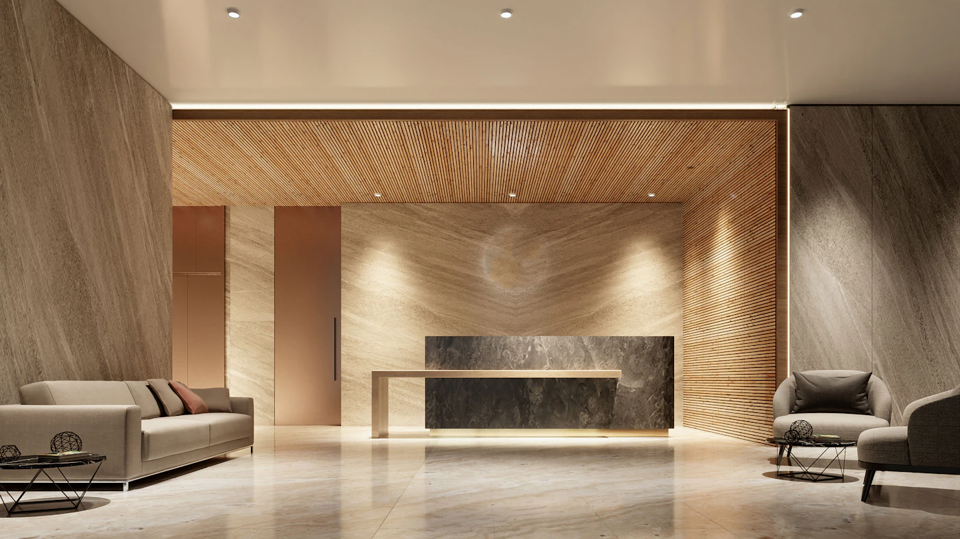 A calm office reception with seating